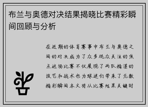 布兰与奥德对决结果揭晓比赛精彩瞬间回顾与分析